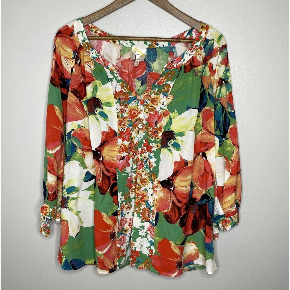 Fig and Flower Floral Boho Peasant Blouse Women's Size 2X Plus V-Neck Top